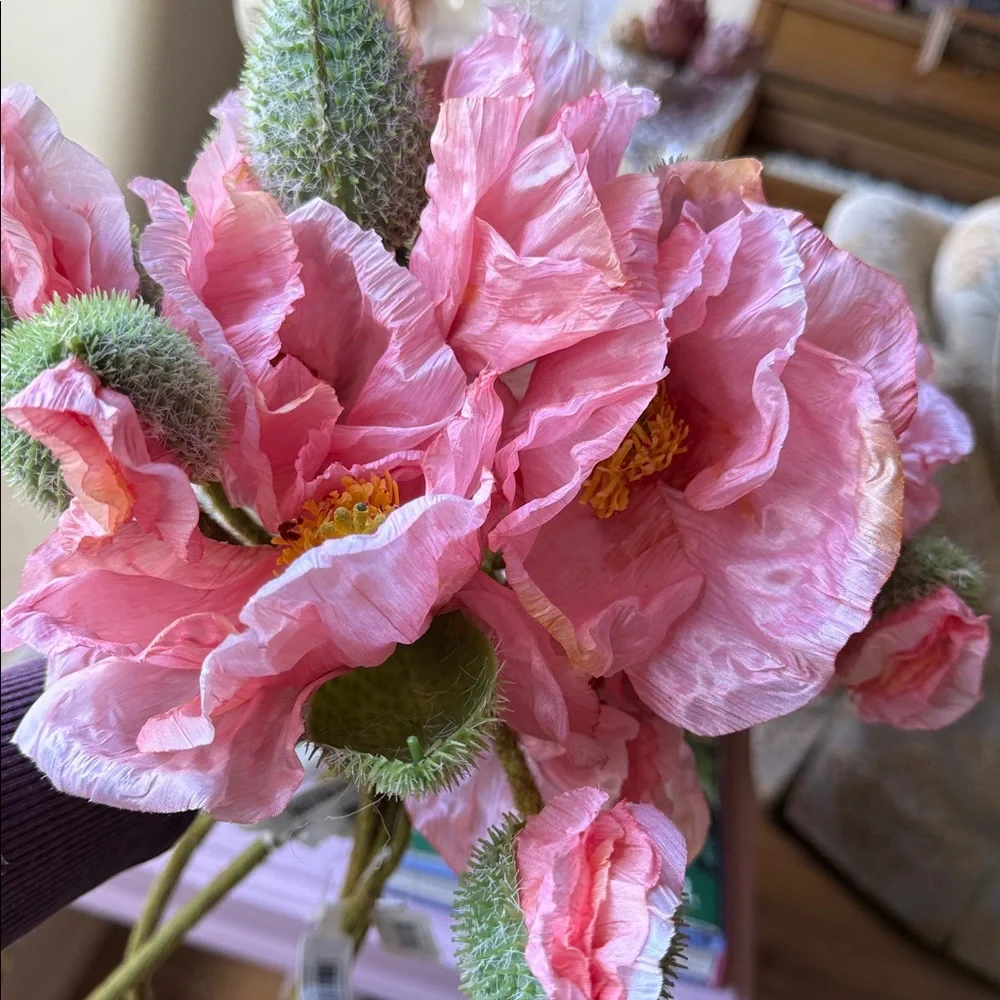 6 Stems 26” Poppy Spray Pink Faux Floral, Each Spray Has a Poppy Flower and Bud